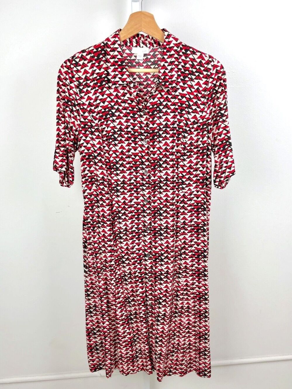 J. JILL Size 4 Short Sleeve Button Up Shirtdress Dress Geometric Red Multicolor
